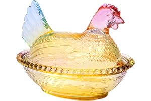 Glass Hen on Nest Candy Dish with Lid, Large Pedestal Rooster Glass Candy Bowl, Colorful Crystal Candy Jar for Snacks, Desser