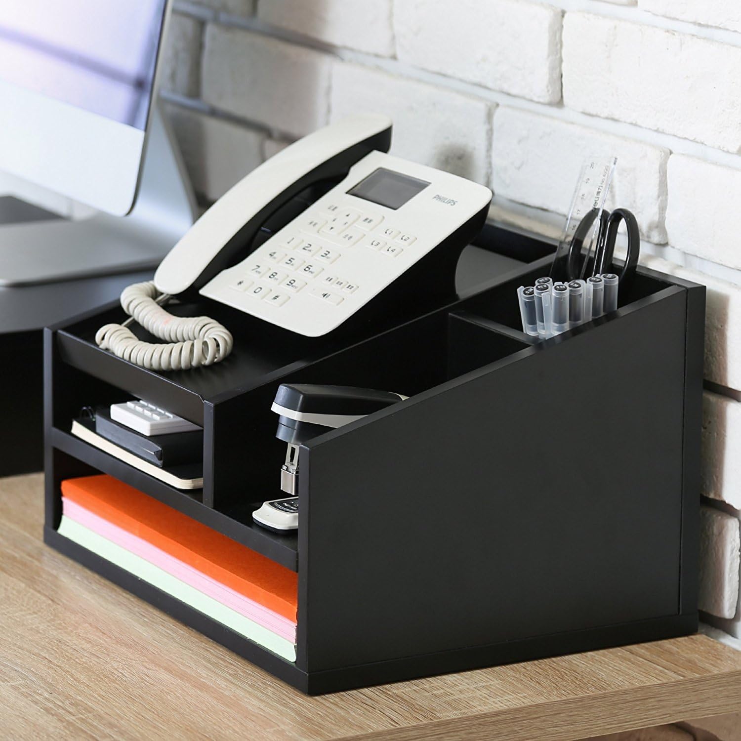 FITUEYES Wood Office Suppies Desk Organizer 5 Compartments with Letter Tray Phone Stand Pen Pencil Holder : Office Products