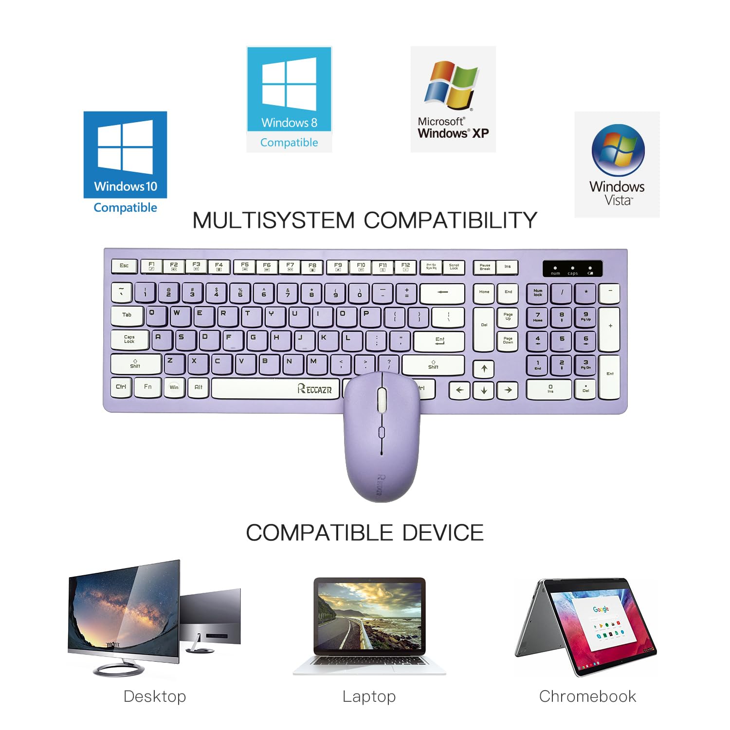 RECCAZR Wireless Keyboard and Mouse Combo, Full-Sized Wireless Keyboard and Adjustable DPI Mouse, 2.4GHz USB Receiver, Wireless Keyboard and Mouse for PC, Windows, Desktop, Laptop (Purple)