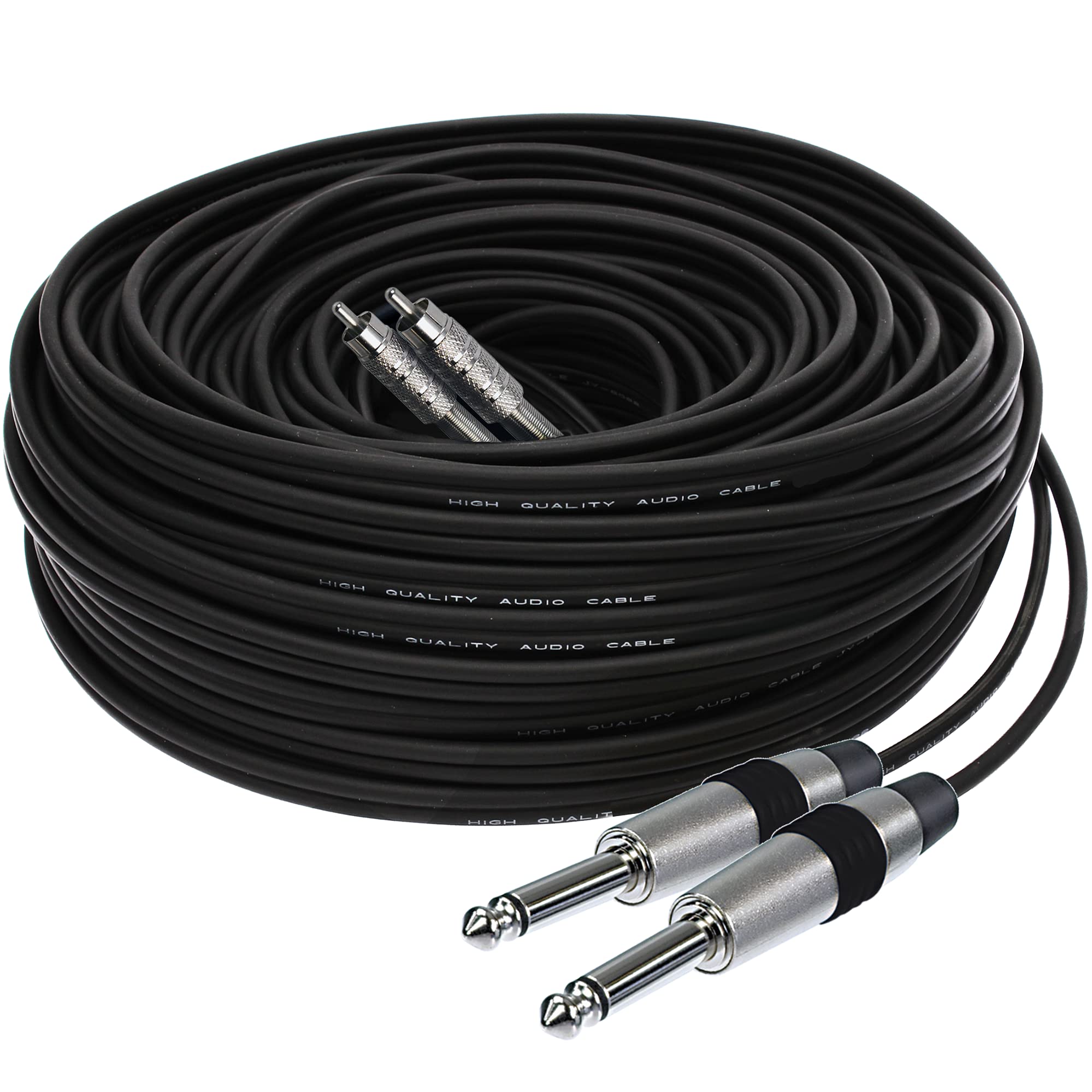 1STec 10m Professional Grade Extra Long Audio Lead with 2 x 6.3mm Jack to 2 x RCA Male Phono Plugs for Stereo or Mono Signal Extension Active Subwoofer Speaker to Mixing Desk Transfer 10 Metre