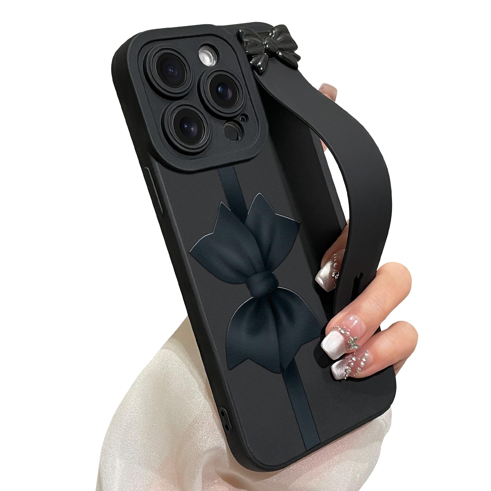 jueaes for iPhone 15 Pro Case with Wrist Strap Elegant Bow Ribbon Design with Adjustable Wristband Kickstand Shockproof Soft TPU Camera Protection Phone Cover for Women Girls - Black Bow