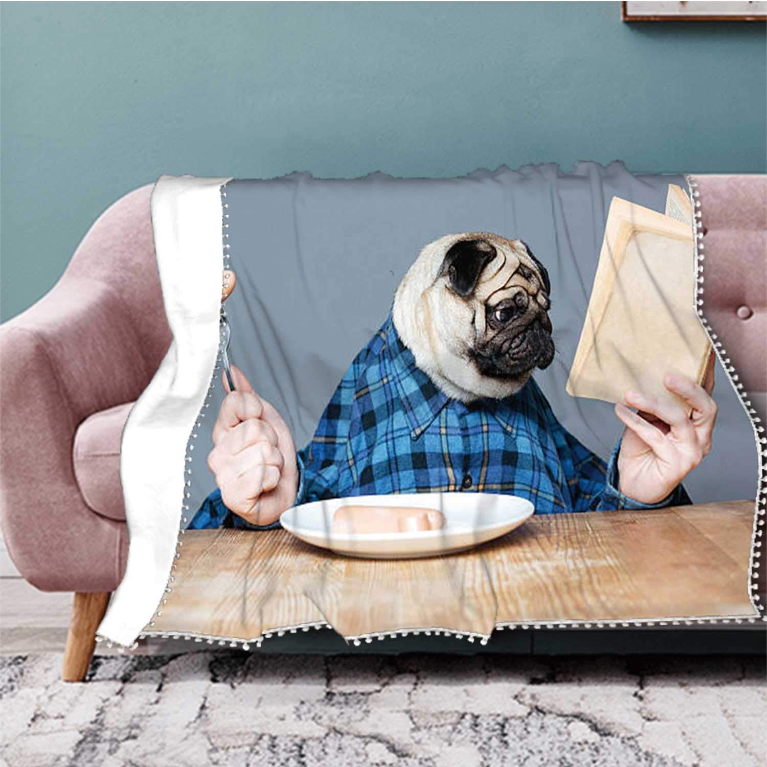 C COABALLA Man with Pug Dog - Eating Sausages and Reading Book Dog,Pompom Fringe Blanket Super Soft 