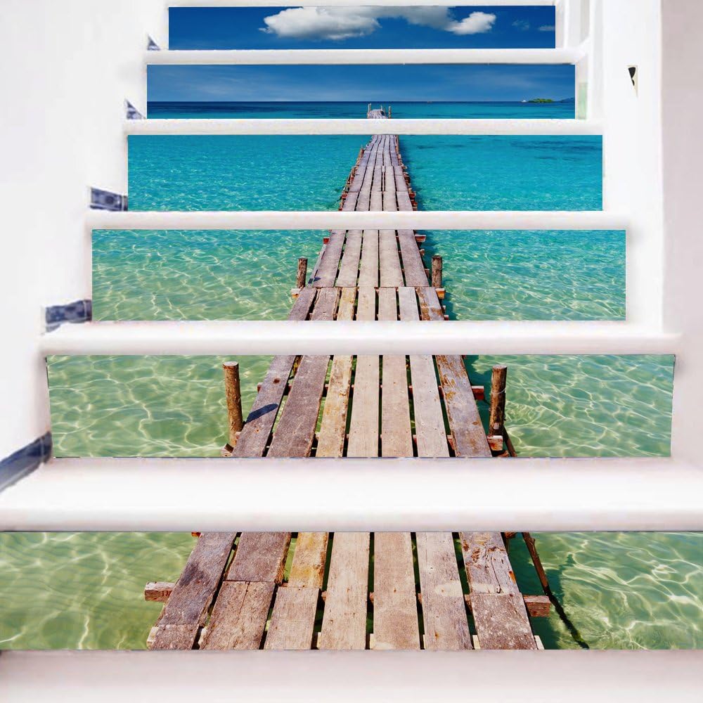 Funlife Decorative Stair Riser Decal - Stair Stickers Beach for Walls Kitchen Bathroom Stair decals 7.09inchx39.37inch x6 pieces FS012