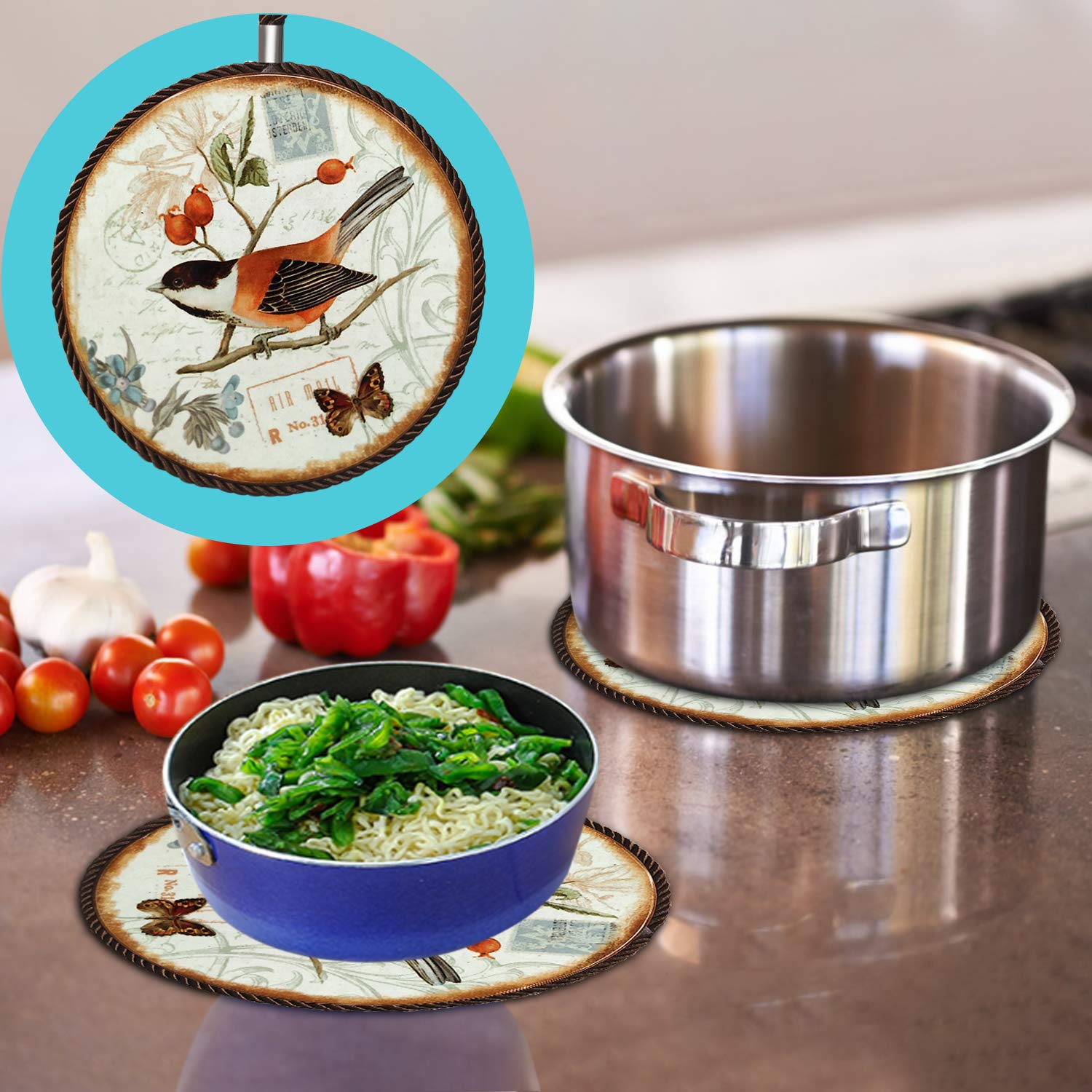 LoveHome Decor Ceramic Pot Holder,Vintage Style The Painting Bird Pattern Non-Skid Heat Insulation Hot Pot Pad Mug Cork Mat Cork Holder Round Bowl Pad Coaster Cushion