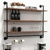 Industrial Pipe Shelving Wall Mounted,Pipe Shelves with Plank(3 Tier 42In) | With 8 S-Shaped Hooks,Solid Pine Wood,Easy to As