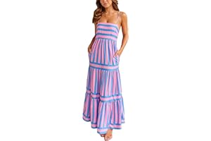 KMBANGI Women Striped Sleeveless Maxi Dress Swing Cutout Midi Dress Backless Smocked Spaghetti Strap Boho Flowy Long Sundress