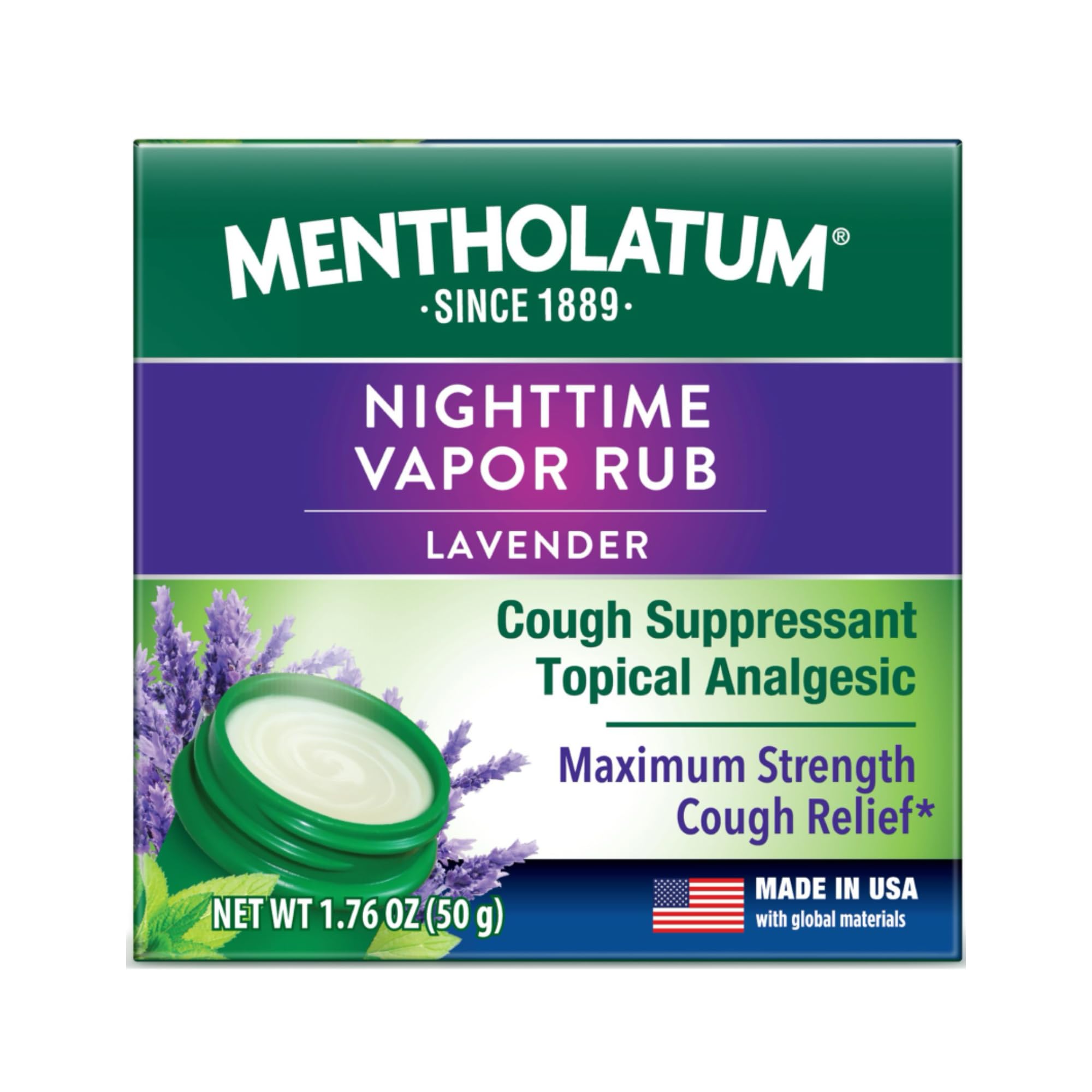 Mentholatum Nighttime Vaporizing Rub, Lavender Scent, Maximum Strength Cough Suppressant, Topical Chest Rub & Analgesic Ointment, Soothing Vapors Relieve Aches & Pains Due to Cold & Cough, 1.76 oz