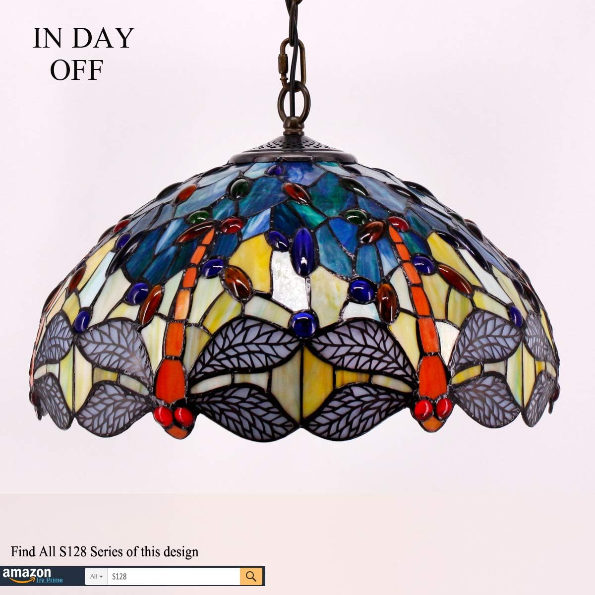 Tiffany Hanging Lamp W16H40 Inch (LED Bulb Included) Pendant Light Stained Glass Dragonfly Shade Chandelier Ceiling Fixture S128 WERFACTORY Decorate Dining Living Room Bedroom Study Office Coffee Bar - - 