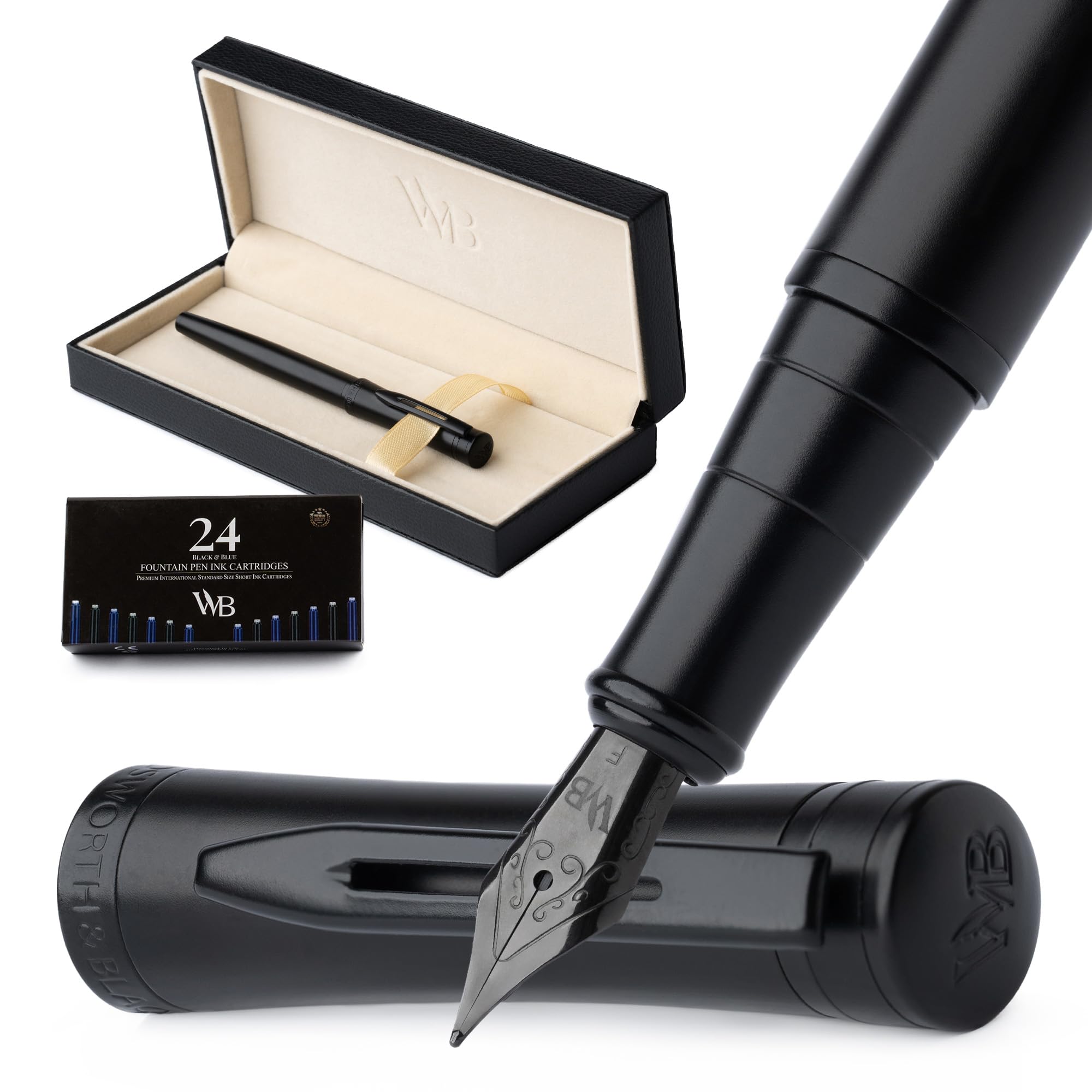 Wordsworth & Black Fountain Pen Set, Fine Nib, Includes 24 Pack Ink Cartridges, Ink Refill Converter & Gift Box, Calligraphy, [All Black], Perfect for Men & Women