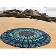 Raajsee Round Beach Tapestry – Turquoise Mandala Cotton Throw Blanket For Yoga, Picnic & Decor