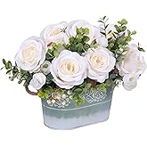 Artificial Rose Flower Arrangement for Table Centerpiece, Farmhouse White Silk Flowers with Eucalyptus in Rustic Galvanized Metal Po Faux Floral Centerpiece for Dining Table, Home, Office Décor