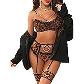 Aranmei Women’s Sexy Eyelash Fishnet Lingerie Set Chain Babydoll Underwire Bra and Panty Sets with Garter Belt 4 Pieces