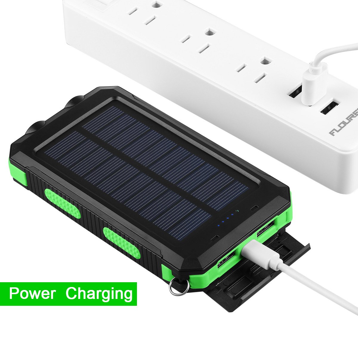 FLOUREON 10000mAh Power Bank with Solar Charging Portable Mobile Phone Charger Dual 2.1A USB Output Waterproof External Battery Replacement for iPhone iPad Samsung Galaxy Android