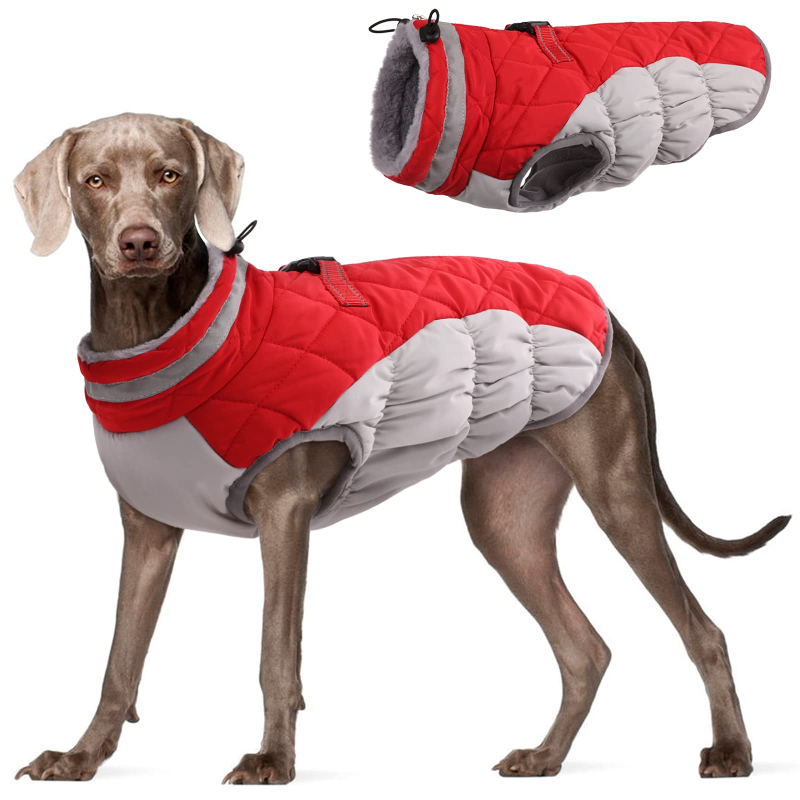Photo 1 of FUAMEY Dog Coat for Large Dogs,Waterproof Dog Winter Jacket with Harness Built in Puppy Cold Weather Coats Reflective Pet Vest with Zipper Warm Fleece Dogs Snowsuit Windproof Red XL