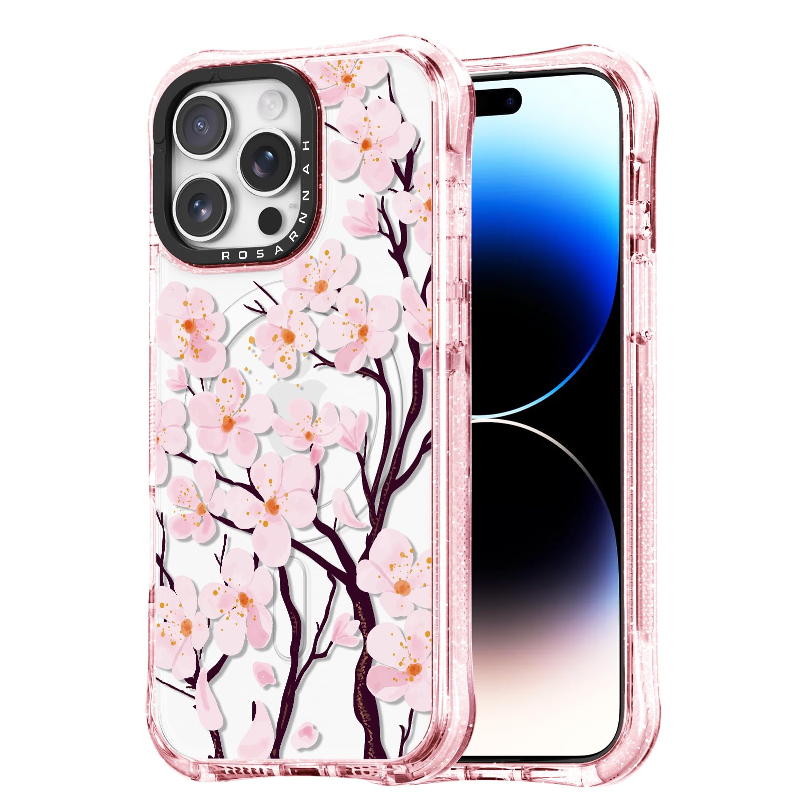 Rosarnnah for iPhone 14 Pro Case Cute - Compatible with Magsafe - Military-Grade 20 ft Drop Protection Shockproof Phone Case - Funny Cherry Blossom Design (6.9") Glitter Pink