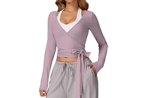FEOYA Women Wrap Top Long Sleeve Cross Tie Yoga Ballet Pilates Shirt Workout Blouses V Neck Y2K Casual Dance Cardigan