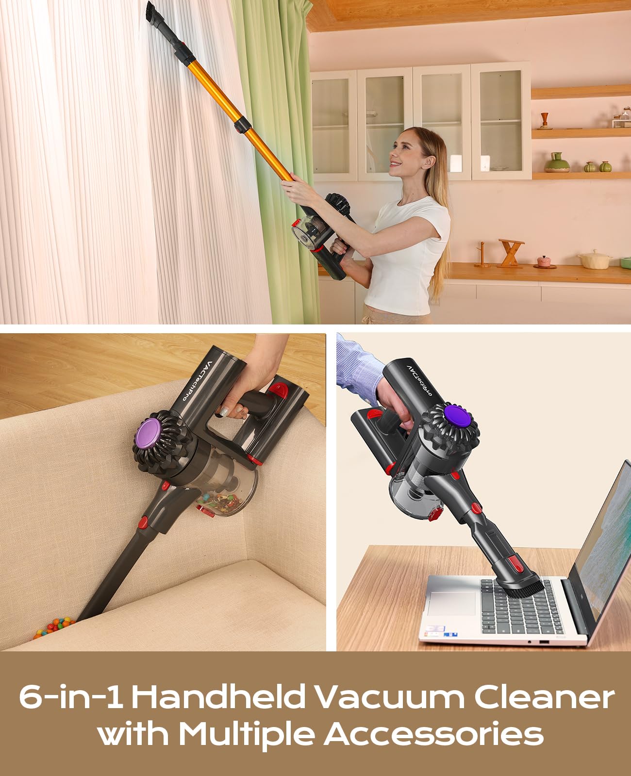 VACTechPro V15 Cordless Vacuum Cleaner, 35KPA 6-in-1 Stick Vacuum, Up to 45Mins Runtime Lightweight Vacuums with Detachable Battery, for Hardwood Floor Carpet Car Pet Hair