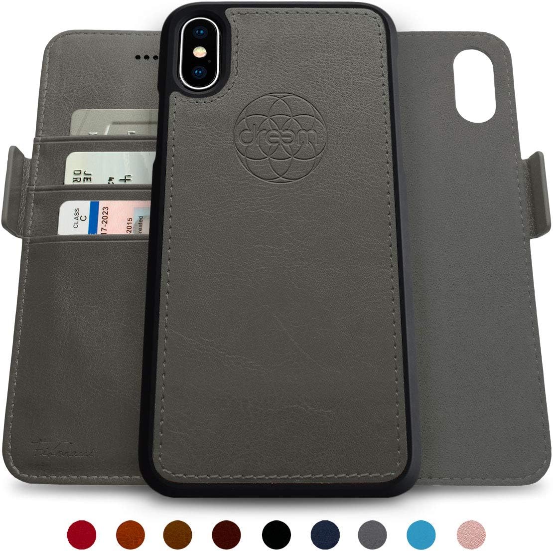 Dreem Fibonacci 2-in-1 Wallet-Case for iPhone X & Xs, Magnetic Detachable Shock-Proof TPU Slim-Case, RFID Protection, 2-Way Stand, Luxury Vegan Leather, GiftBox - Grey