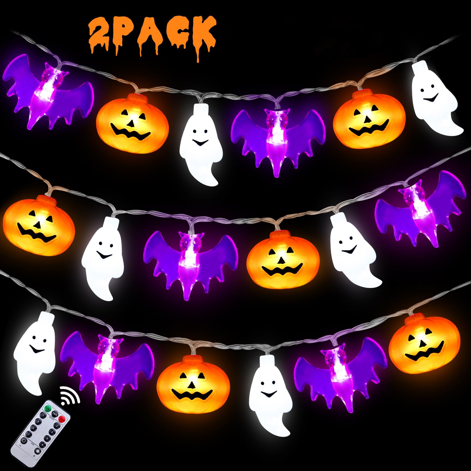 Photo 1 of 2 Pack Halloween Pumpkin Ghost Bat String Lights Outdoor, 20FT 30 LED Pumpkin String Lights with 8 Lighting Modes for Home Indoor Outdoor Halloween Party Decor (Orange/Purple/White)