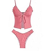 seamoly Gingham Bowknot Decor Smocked Ruffles Tie Front Tankini Set