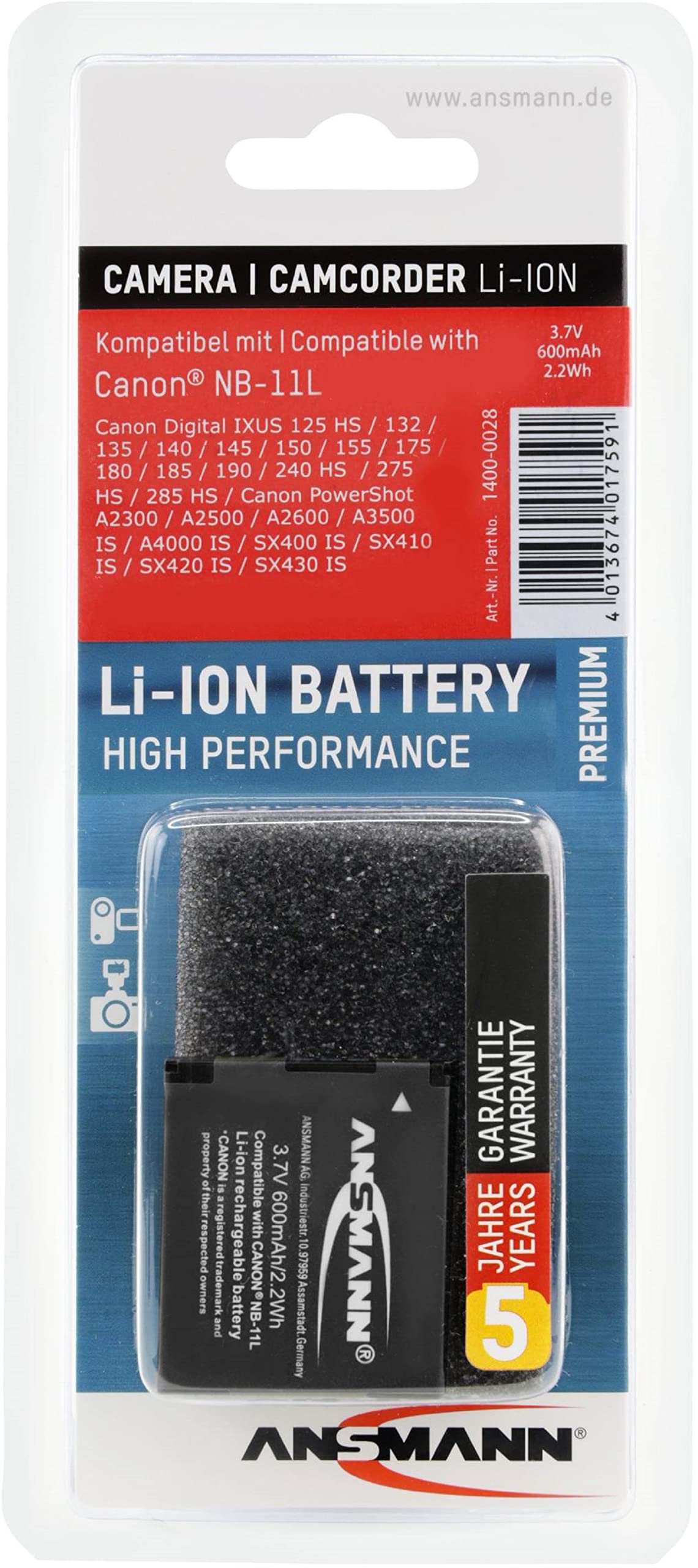 ANSMANN Li-Ion 3.7V Camera Battery Replacement For NB-11L / NB-11LH [Pack of 1] Compatible with Canon Cameras Including Canon PowerShot A2300, Digital IXUS 135, Ixus 185 & Many More - 5 Year Warranty