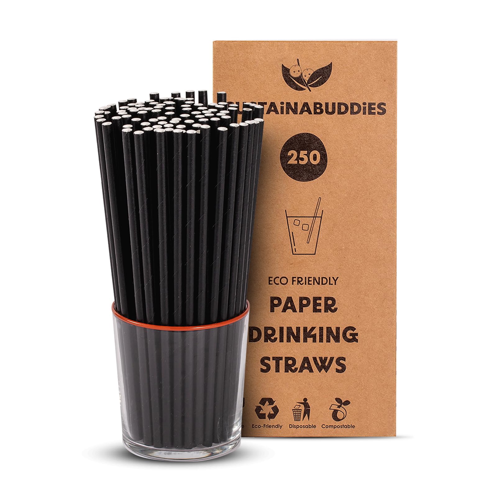 SustainaBuddies 250 Medium Disposable Paper Drinking Straws | FSC-Certified, Biodegradable and Compostable | Strong and Durable