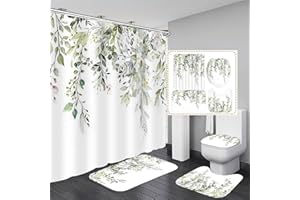 AZHM Sage Green Eucalyptus Plant Shower Curtain Set 4pcs Watercolor Leaves Floral Bathroom Sets with Shower Curtain and Rugs, Farmhouse Rustic Bathroom Decor Accessories Set