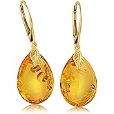 Amber by Mazukna Leverback Earrings for Women – Gold-Plated 925 Silver Drop Earrings with Natural Yellow Baltic Amber Piece, Lightweight Jewelry with Secure Closure for Everyday Elegance