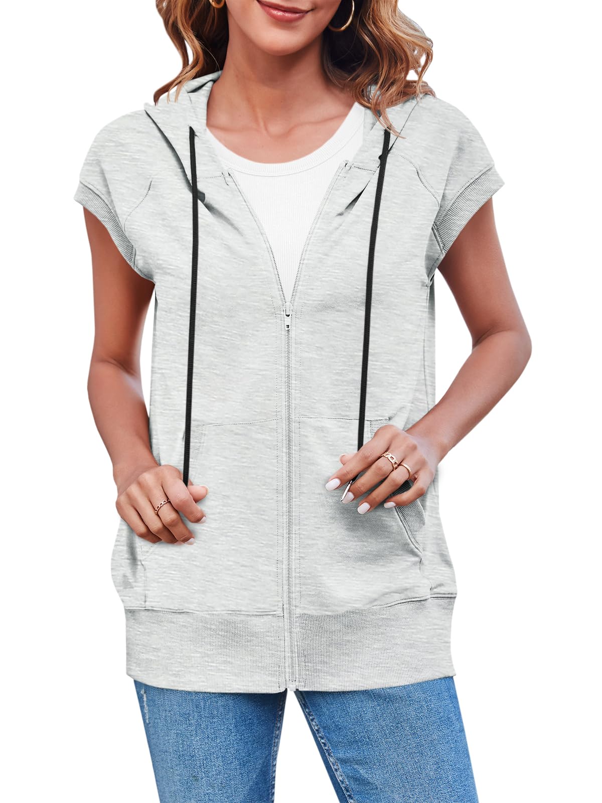 Fisoew Women's Sleeveless Zip Up Cotton Hoodies