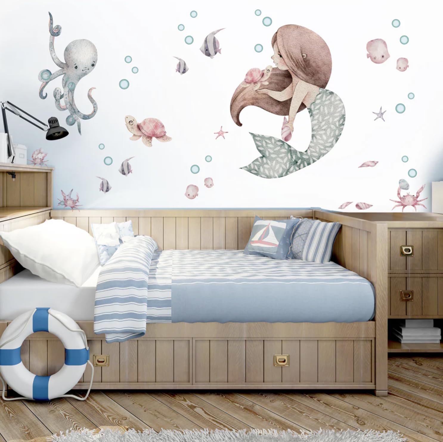 kina - R00799 Children's Wall Stickers Ecological and Hypoallergenic Soft Fabric Effect Repositionable Mermaid Sea Decoration Wall Decoration Newborn Nursery Nursery Wallpaper – Size 120 x 30 cm