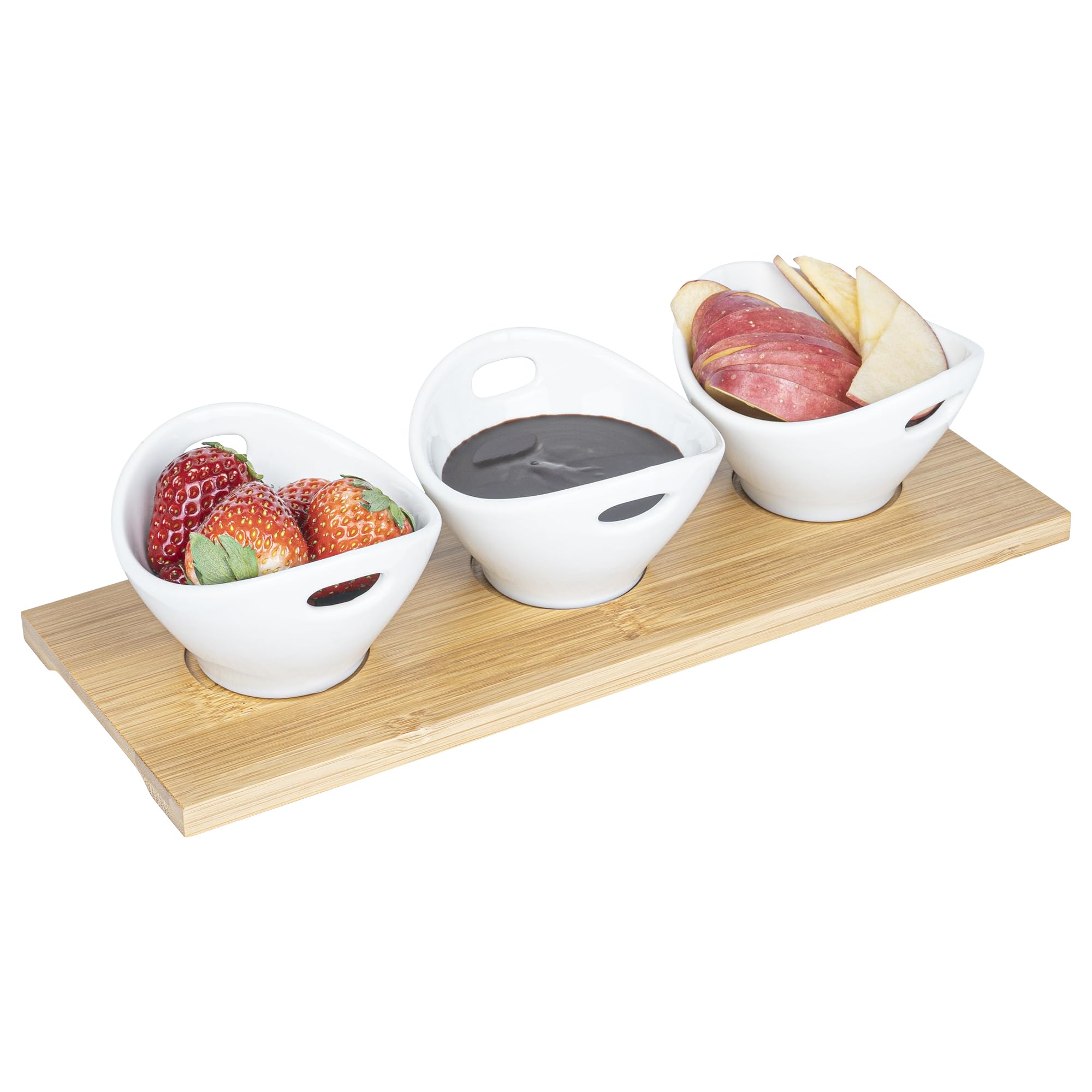 Porcelain Basket Bowl Set with Tray - Three 3.5 Inch bowls with Rustic Bamboo Tray - Great for Parties or Serving Snacks - White - 6 Ounce - 1ct Box - Restaurantware