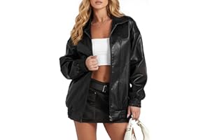 GraceSelect Women's Oversized Leather Jacket, Casual Soft Faux Leather Zip Motorcycle Coat With Pocket 2025 Fall Fashion