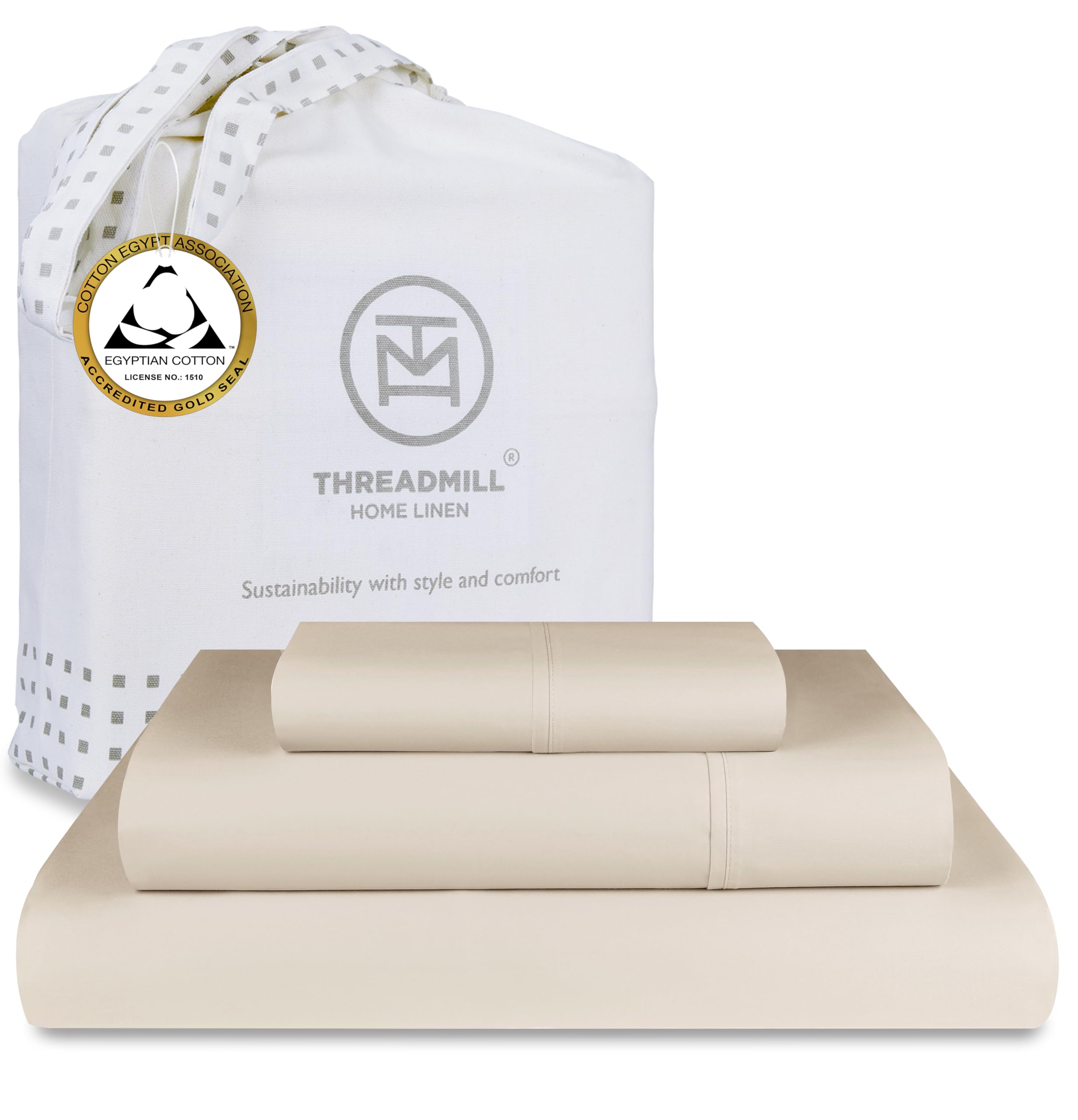 Photo 1 of Threadmill Egyptian Cotton Twin XL Sheet Set | 100% Certified Egyptian Cotton Sheets for Twin XL Size Bed | Sateen Twin XL Bed Sheets Set Deep Pocket | Soft Hotel 3-Piece Cooling Sheet Set | Beige