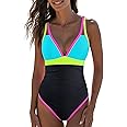 popvil Women's One Piece Neon Color Block 2025 Swimsuits Tummy Control Swimwear Deep V Neck Slimming Bathing Suit