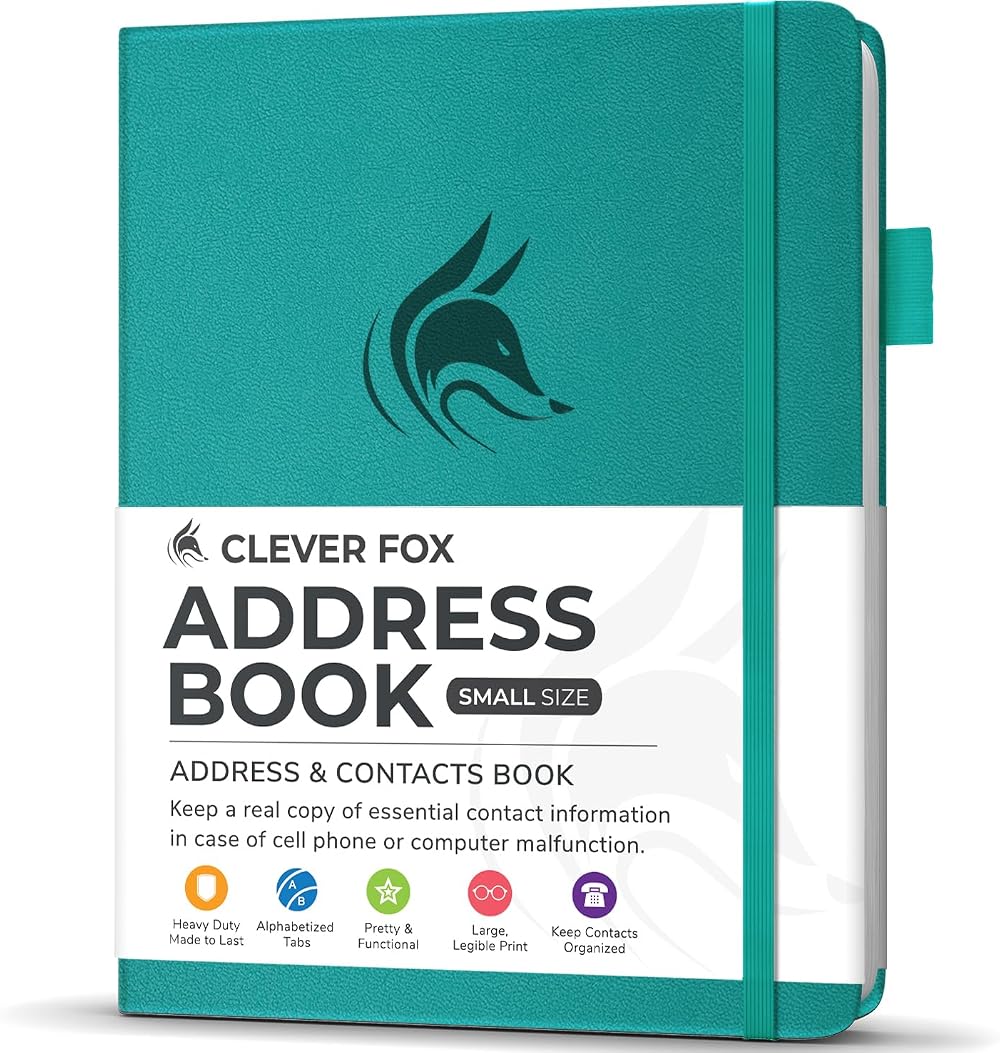 Clever Fox Address Book Turquoise PU Leather with Alphabetical Tabs 60 Page