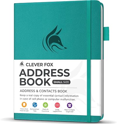 Clever Fox Address Book Turquoise PU Leather with Alphabetical Tabs 60 Page