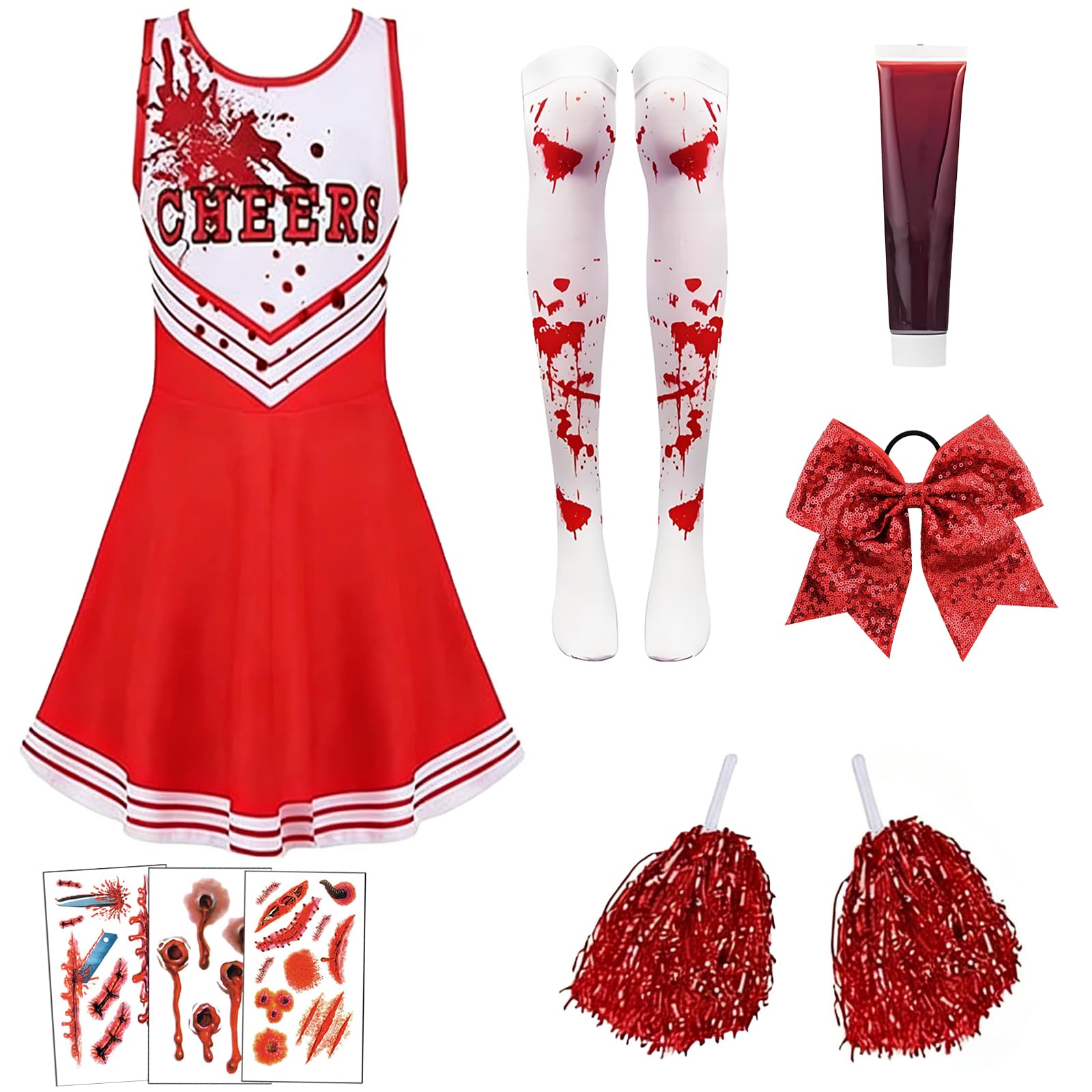 9 PCS 130 Yards Zombie Cheerleader Costume Set - Creepy Doll Fancy Dress Outfit Cheerleading Outfit - Halloween Costumes Uniform with Dress for Theme Parties(Suitable for people aged 15 and above)