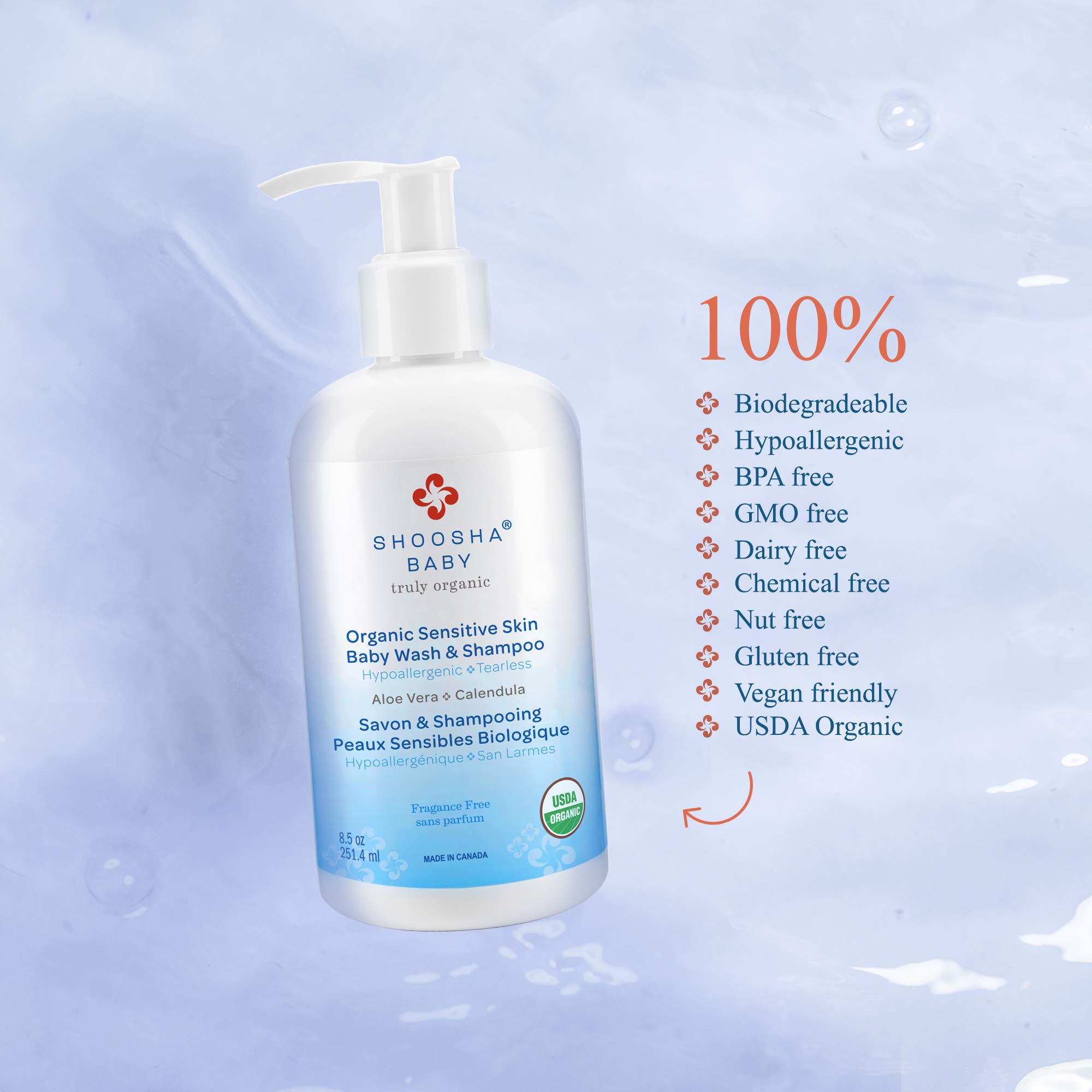 Shoosha USDA certified Organic Shampoo and Body Wash for babies and kids, Great for Sensitive Skin, All natural made from food grade ingredients, Fragrance and Tear Free, Hypoallergenic