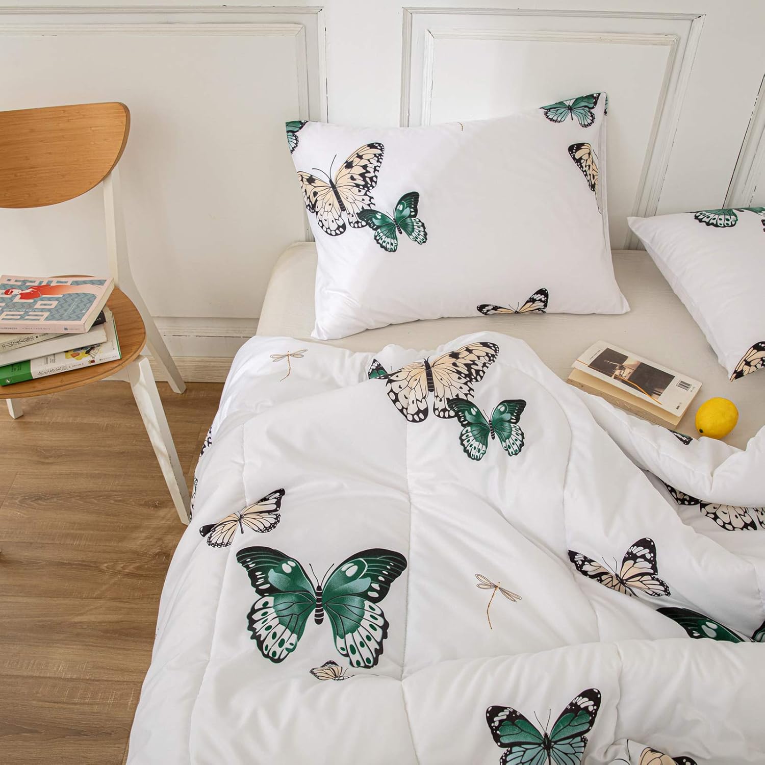 Merryword Butterfly Comforter Set Green Butterfly Comforter Green Butterflies and Dragonfly Printed Down Alternative Comforter Microfiber Bedding King 1 Comforter 2 Pillowcases (King, Butterfly): Home & Kitchen