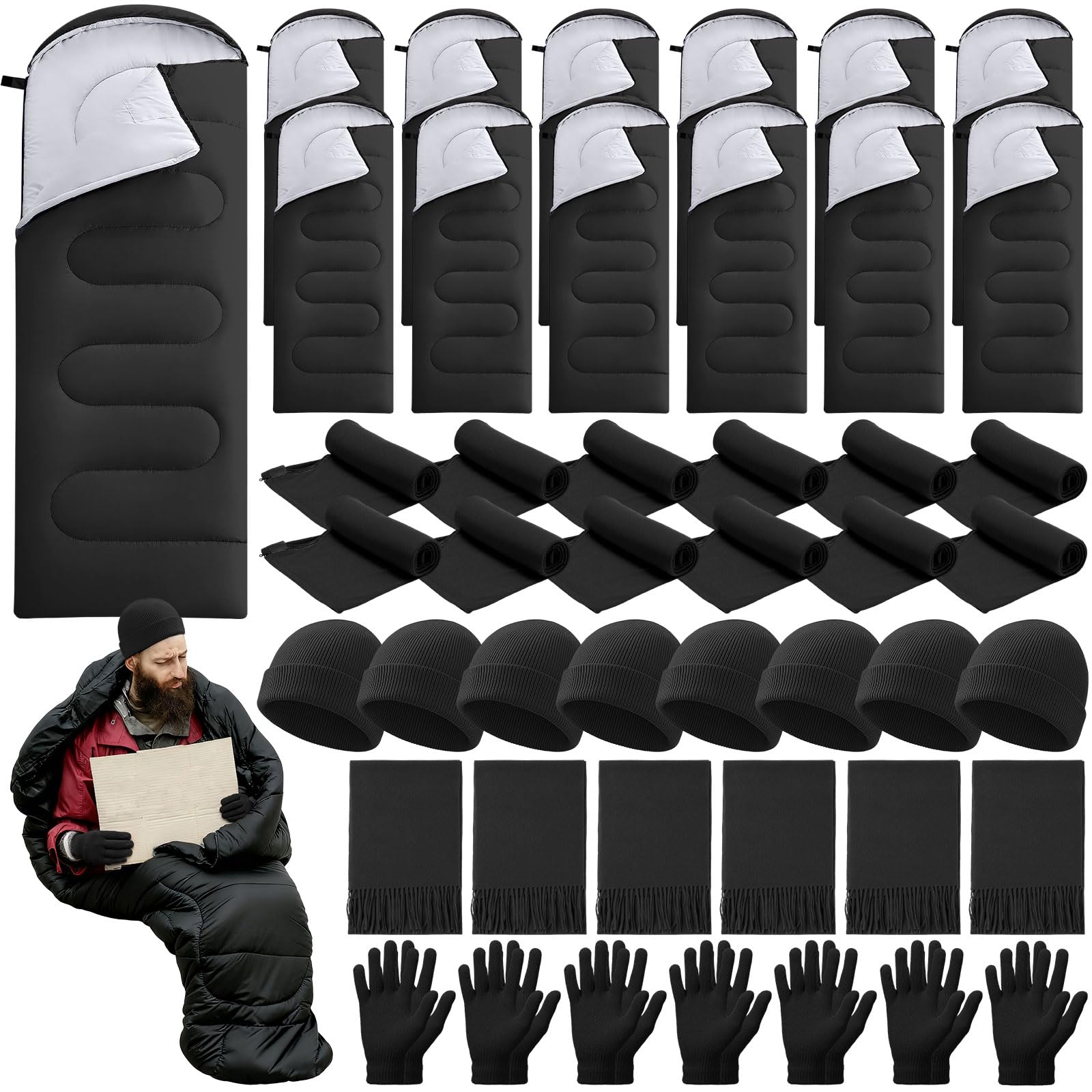 Photo 1 of SmoothNovelty 80 Pcs Homeless Care Package Sleeping Bags Adult Bulk with Winter Beanies Hat Gloves Scarf Cotton Liner Waterproof Sleeping Bag for Camping Outdoor Church Donation Emergency(Black)