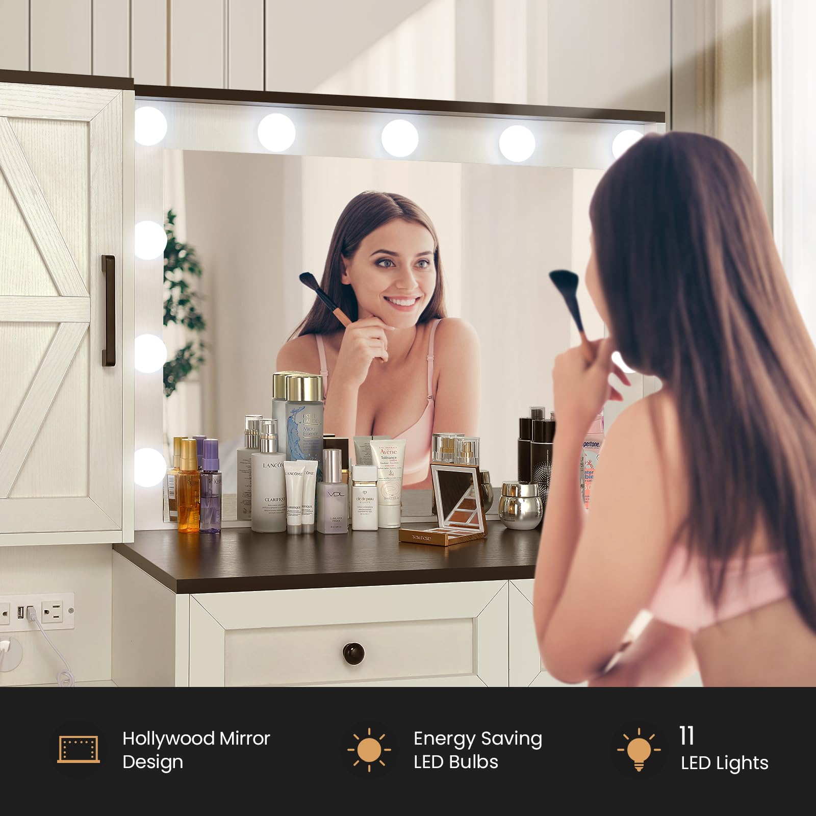 elifine Makeup Vanity Desk with Mirror and Lights - 40'' Farmhouse Vanity Table with Power Outlet & 4 Drawers, 3 Color Lighting Mode, Bedroom Dressing Table for Girl, Women