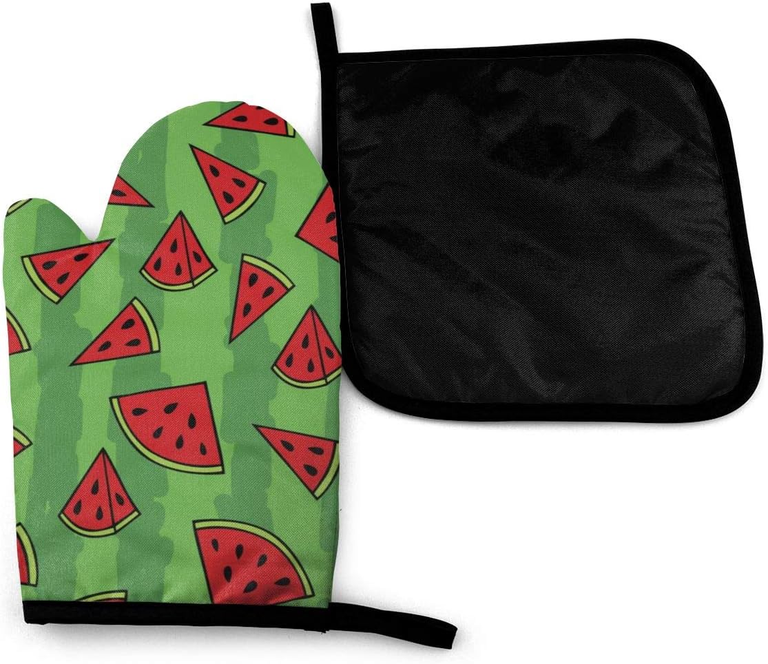 Lamefly Watermelon Oven Mitts and Pot Holder Set Heat Resistant Cotton Hot Pad Non-Slip Microwave Gloves for Baking and Kitchen