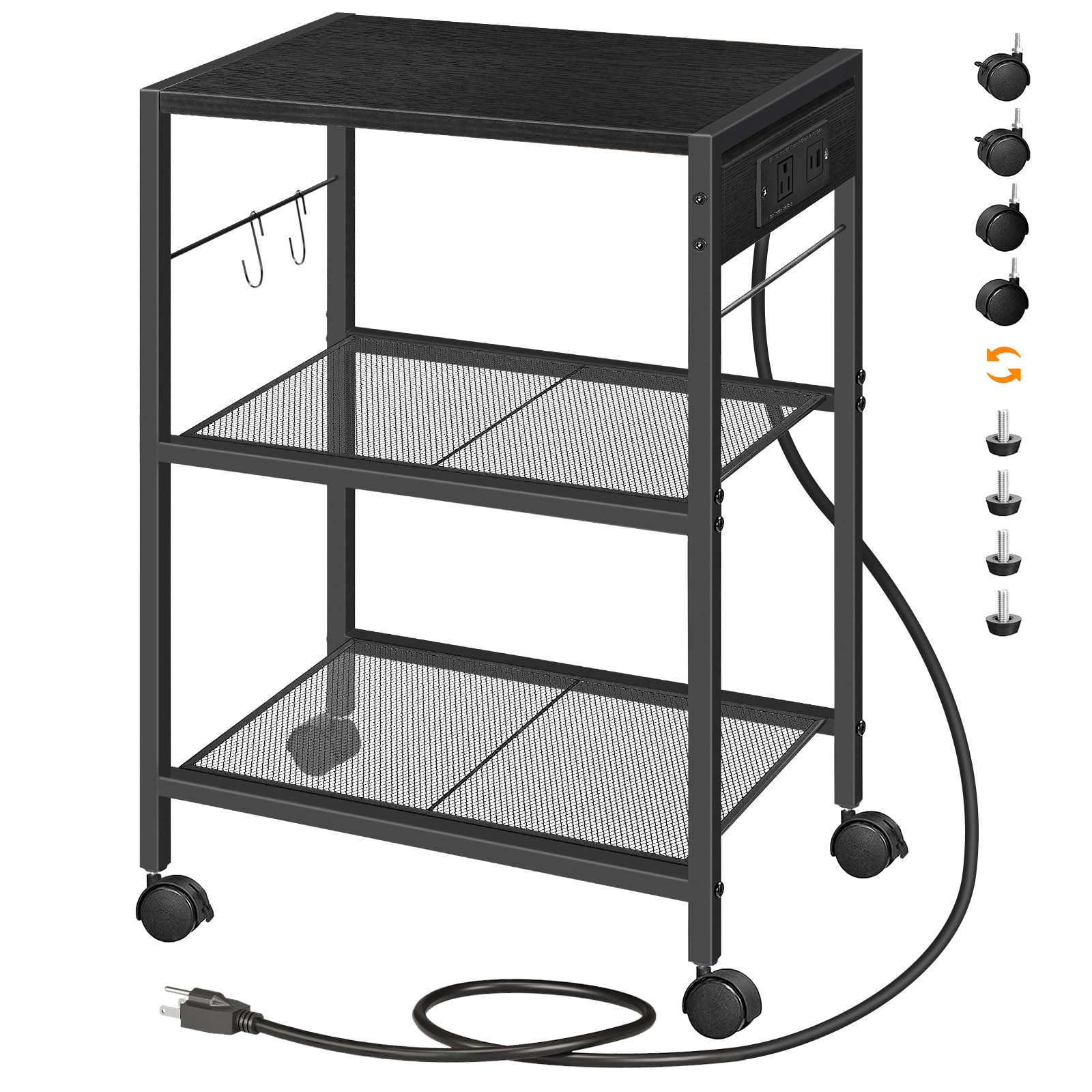 Photo 1 of HOOBRO Industrial Printer Stand, 3-Tier Mobile Printer Table, Rolling Cart with Power Outlets and USB Ports, Home Printer Stand with 2 Hooks, for Office, Living Room, Black BB22UPS01