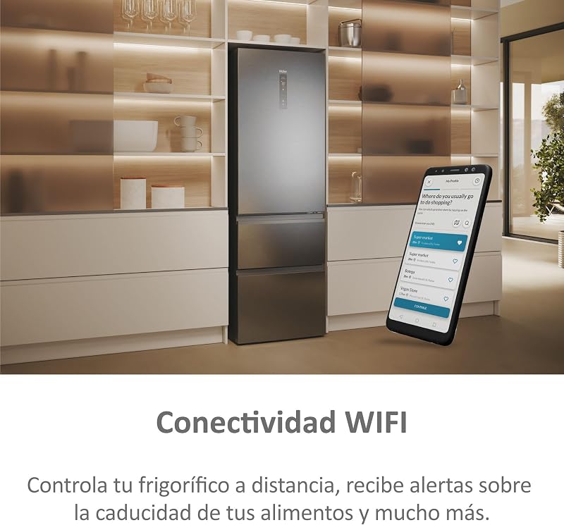 Haier 3d 60 series 5 htw5618enmg - geladeira combinada, wifi, porta-garrafas, funções inteligentes, 360l, my zone, gaveta de zona de umidade, total no frost, largura 59,5 cm, motor inversor, luz led, aço inoxidável