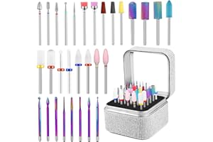 Cellentool 30Pcs Nail Drill Bits Set with Rhinestone Storage Box, 3/32 Inch Ceramic Diamond Carbide Nail Drill Bits for Acrylic Gel Polish, Cuticle Efile Remover for Manicure (Silver)