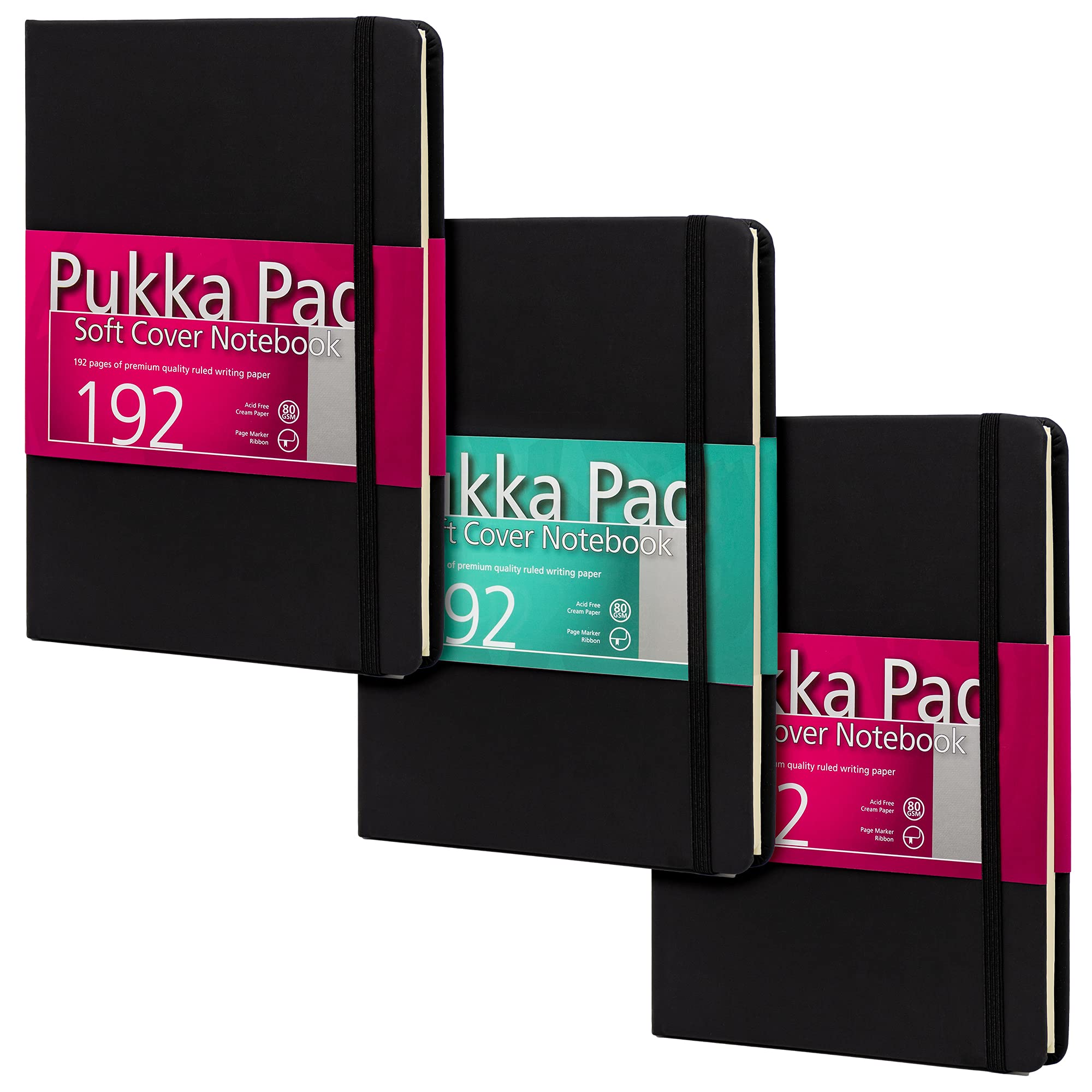 Pukka Pad, Soft Cover A5 Notebook – Casebound Journal with Page Marker Ribbon, Inside Pocket, and Elasticated Closure – 192 Pages of 80GSM Paper with 8mm Lines – 21.6 x 15.4cm