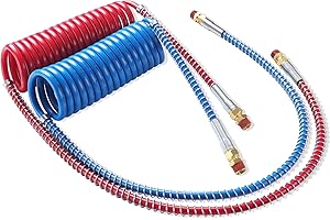 Ailbiuko Semi Truck Air Brake Line Hose Coil Assembly Coiled Set Airline Kit Blue Red Pigtail Air Hose for Tractor Trailer,1/2" NPT DOT Fittings (15' Length x 40" Tractor Lead)