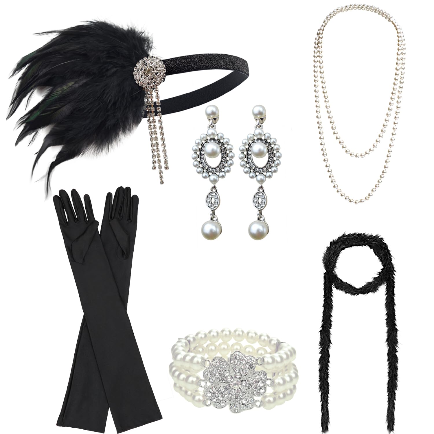 DRESHOW 1920s Accessories Headband Necklace Gloves Flapper Costume Accessories Set for Women