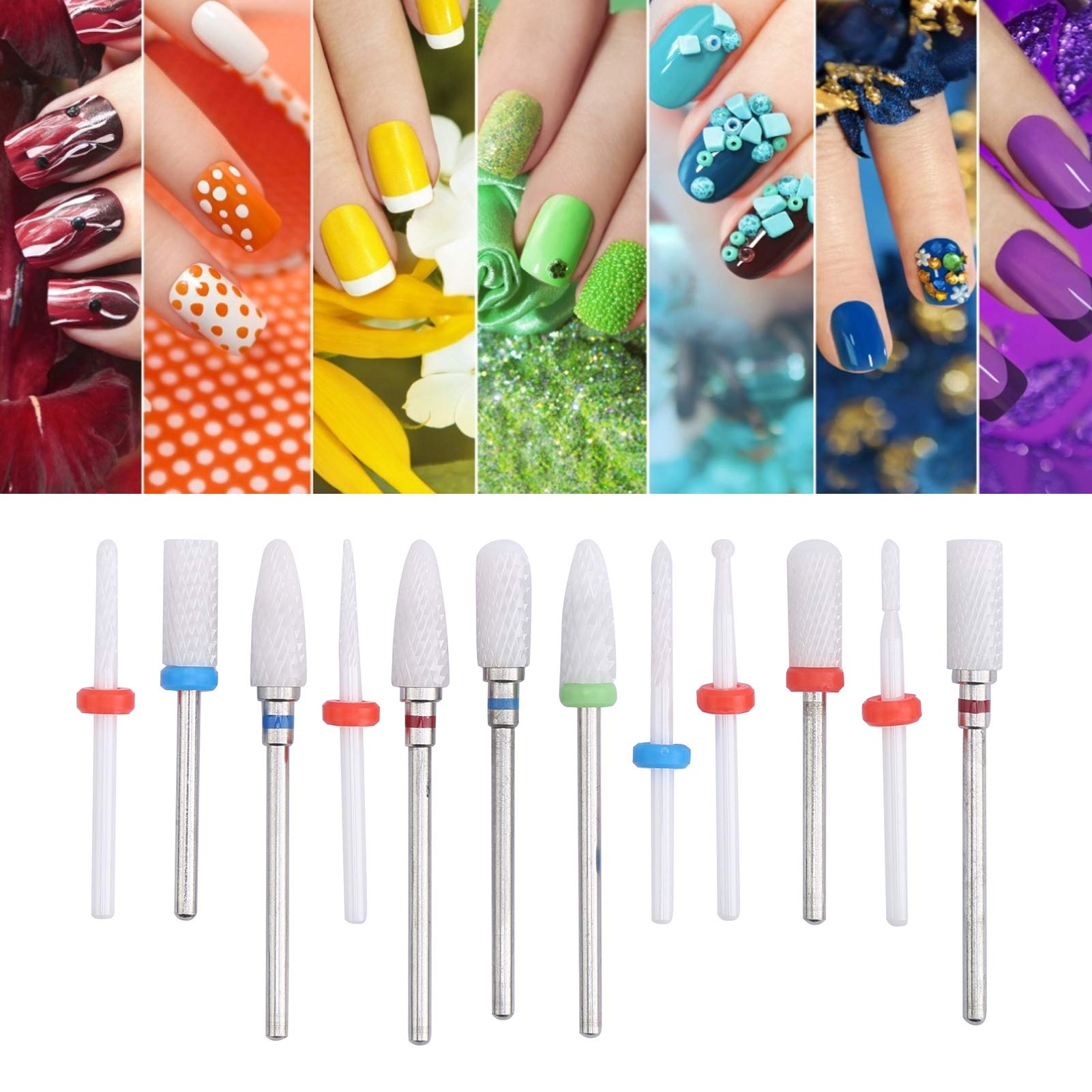 Ceramic Nail Files and Electric Nail Grinder Bits, 12 Pieces, Manicure Tools Milling Cutter Drill Bit Set for Glass Drilling Grinding Machines