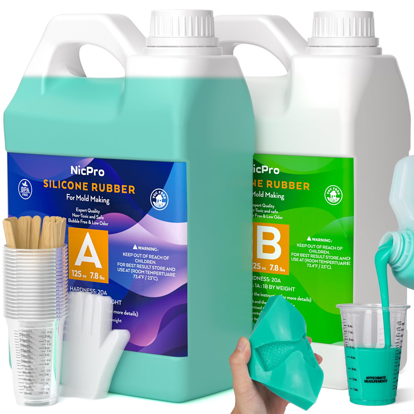 Photo 1 of Nicpro 250 oz Silicone Mold Making Kit 20A, Platinum Liquid Silicone Rubber for Mold Maker, Jade Green Flexible & Food Safe Mix Ratio 1:1 for Casting 3D Resins Molds DIY with Gloves, Sticks & Cups